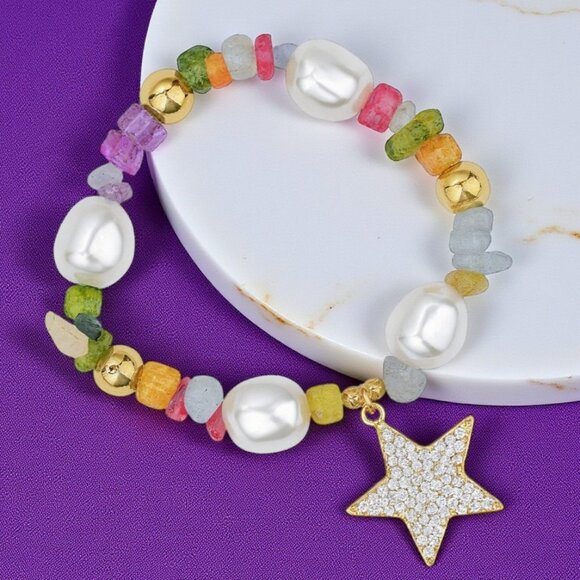 🆕 Y2K Style Colorful Gemstone Bracelet W/ Zirconia Star Charm Stainless Steel - Picture 11 of 13